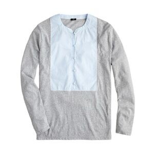 J. Crew Striped Bib-Front Mix Media Top Gray Blue White Long Sleeve Henley S